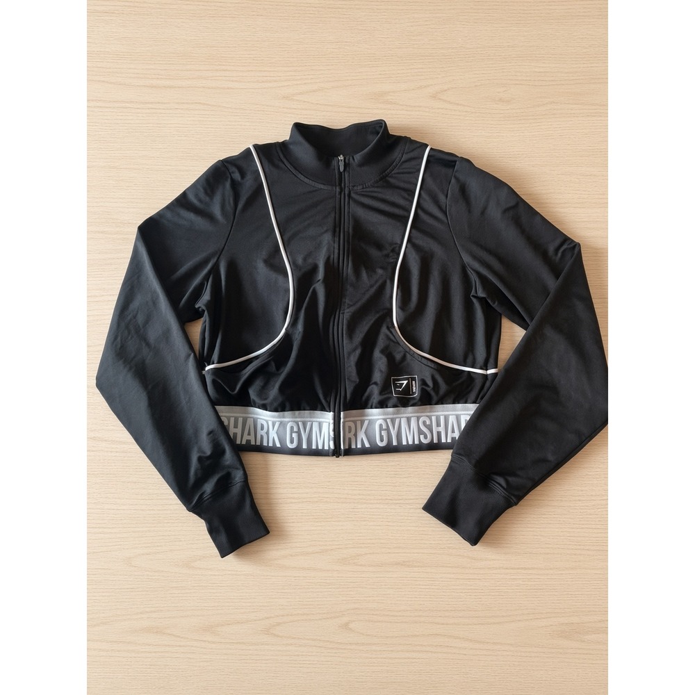 Gymshark Womens Black Cropped Full Zip Track Jacket White Piping Size M
